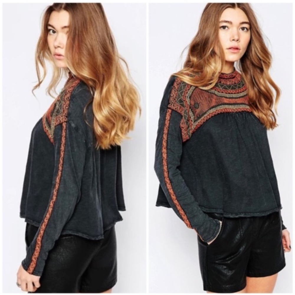 NWOT Free People Women's Black Snow Bunny Embroidered Swing Blouse Top Size S
